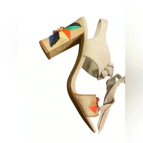 TORY BURCH Geraldine Raffia & Linen Lace-Up Sandals Size 9.5 - Picture 4 of 13